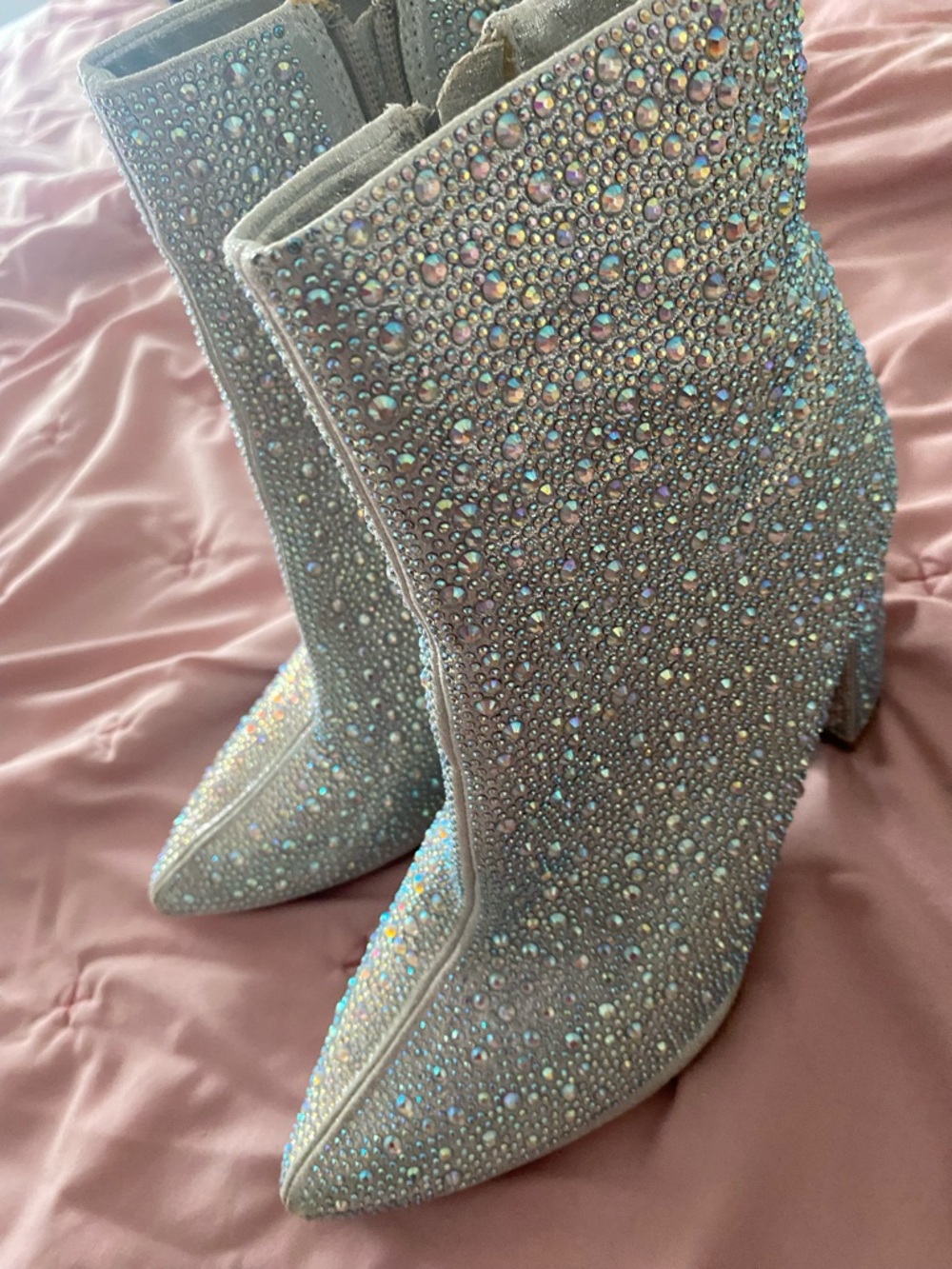 Crystal-Studded Silver Pointed Toe Ankle Booties